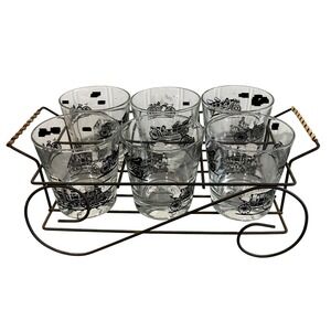 Vintage Libbey Lowball Whiskey Glasses Set w/Carriage Antique Car Images Barware